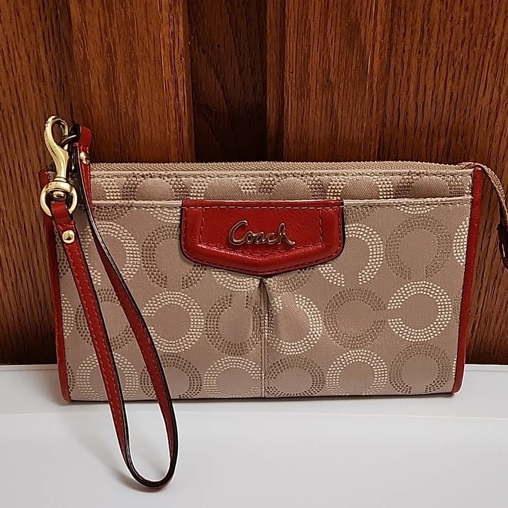 Coach Tan and Red Signature Wristlet